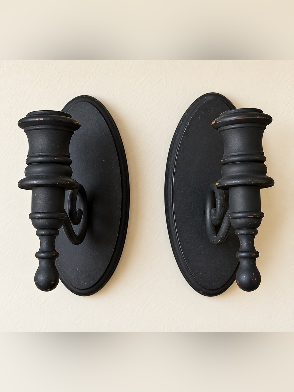 Pair Black Wood Wall Sconces Primitive Farmhouse Candle Holders